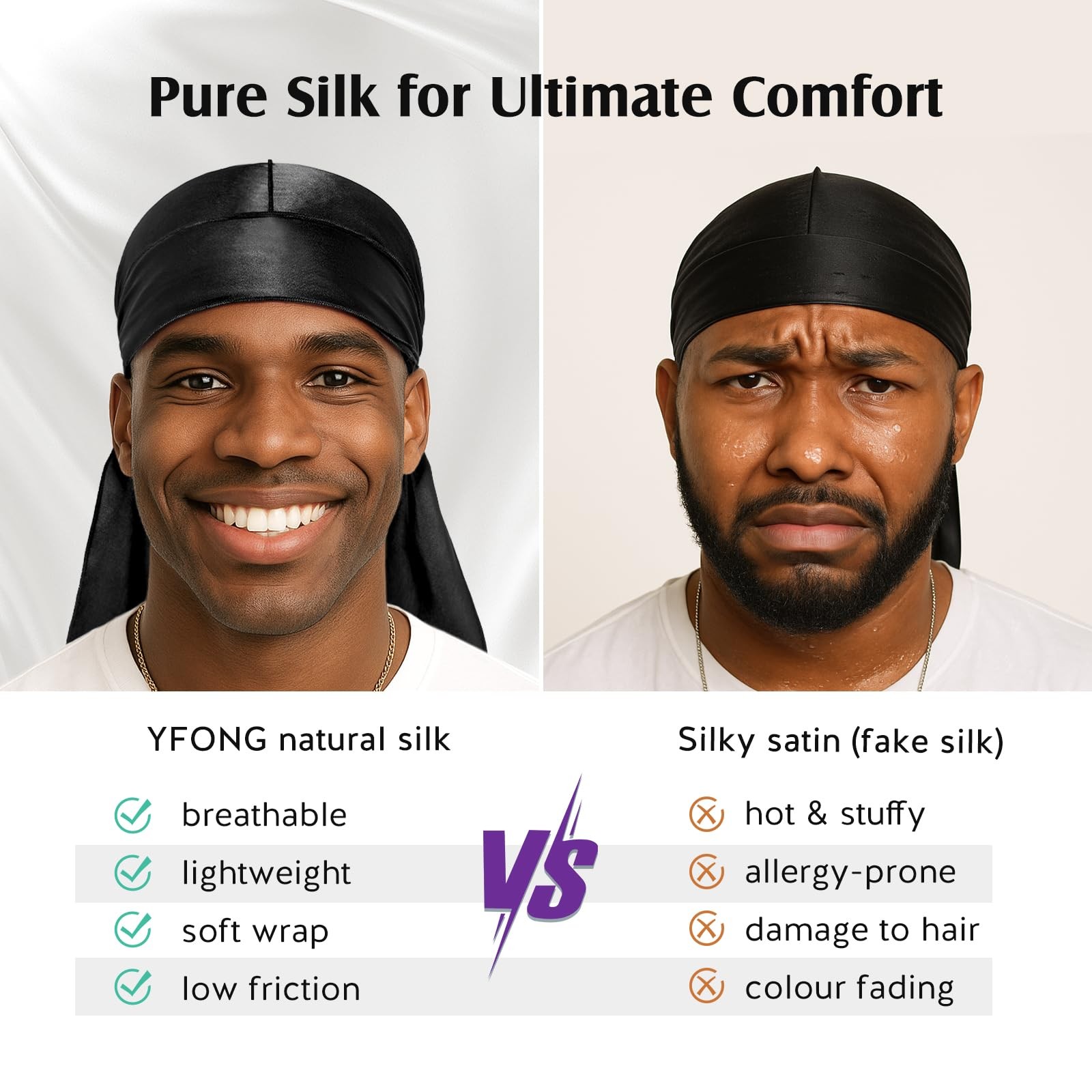 YFONG 100% 22 Momme Mulberry Silk Durags for Men Women, Extra Long Strap Silk...