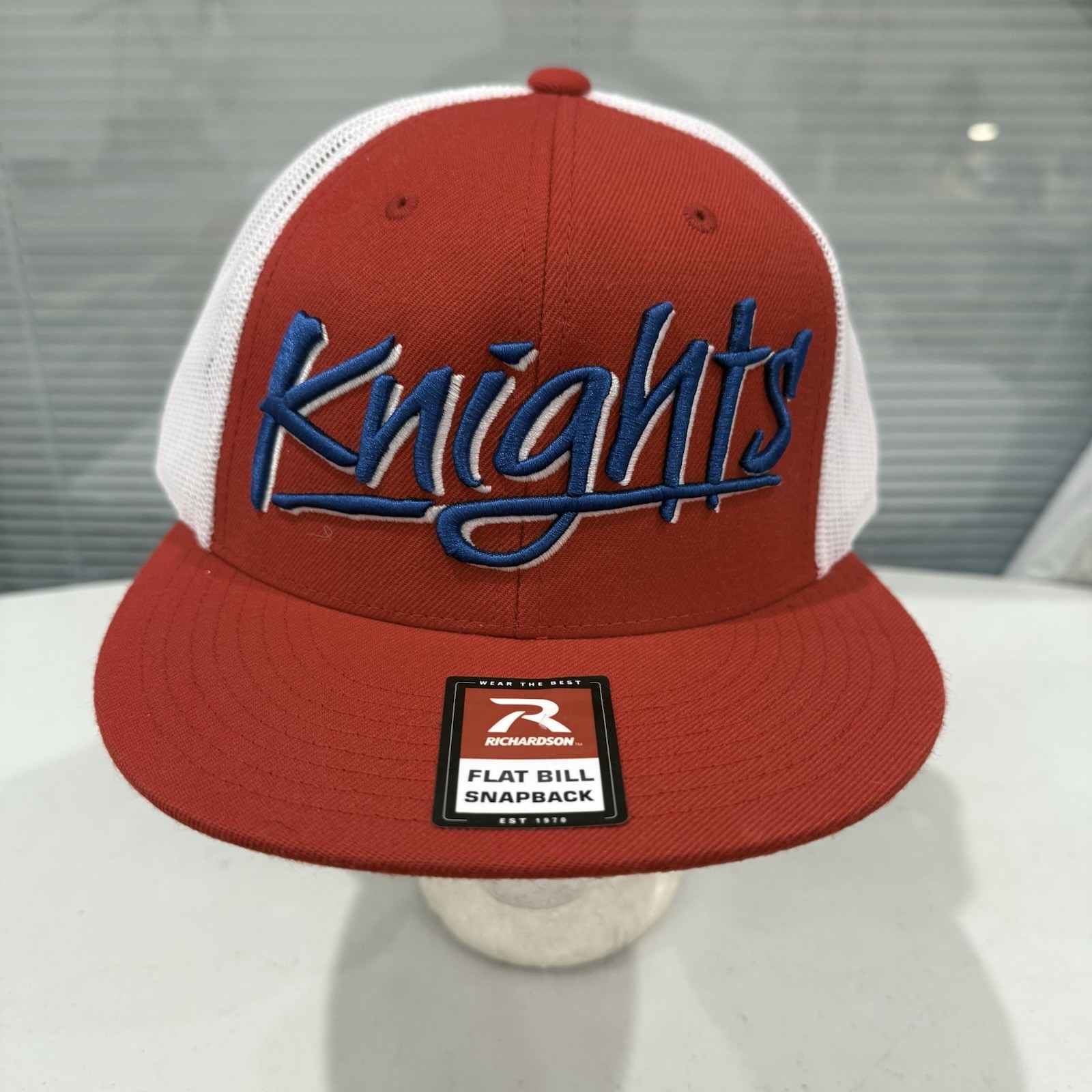 Knights Royal Blue White Script on Red Hat Cap White Mesh Snapback Russell EUC