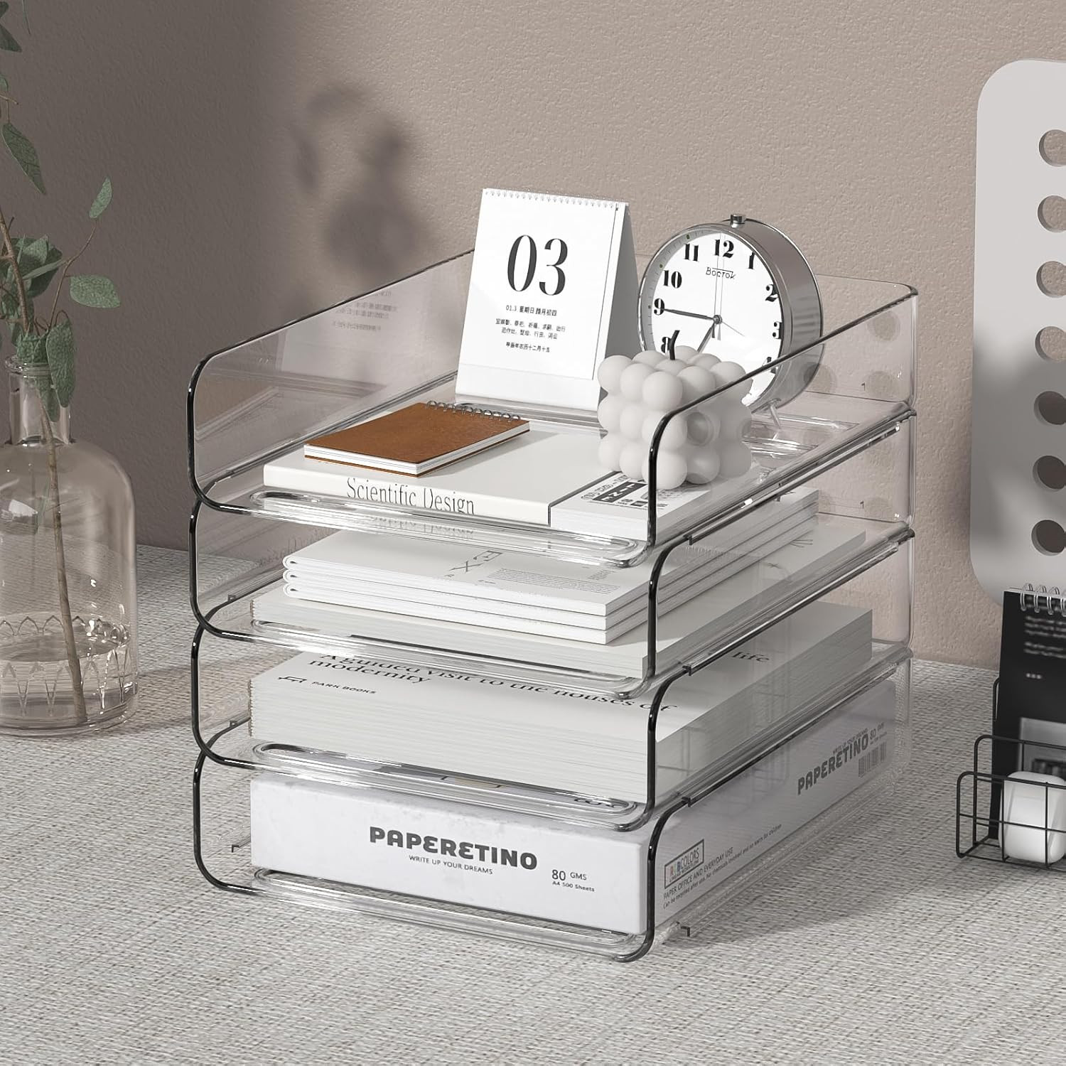 4-Tier Acrylic Paper Tray Organizer | Clear Stackable Desk Organizer for Documen