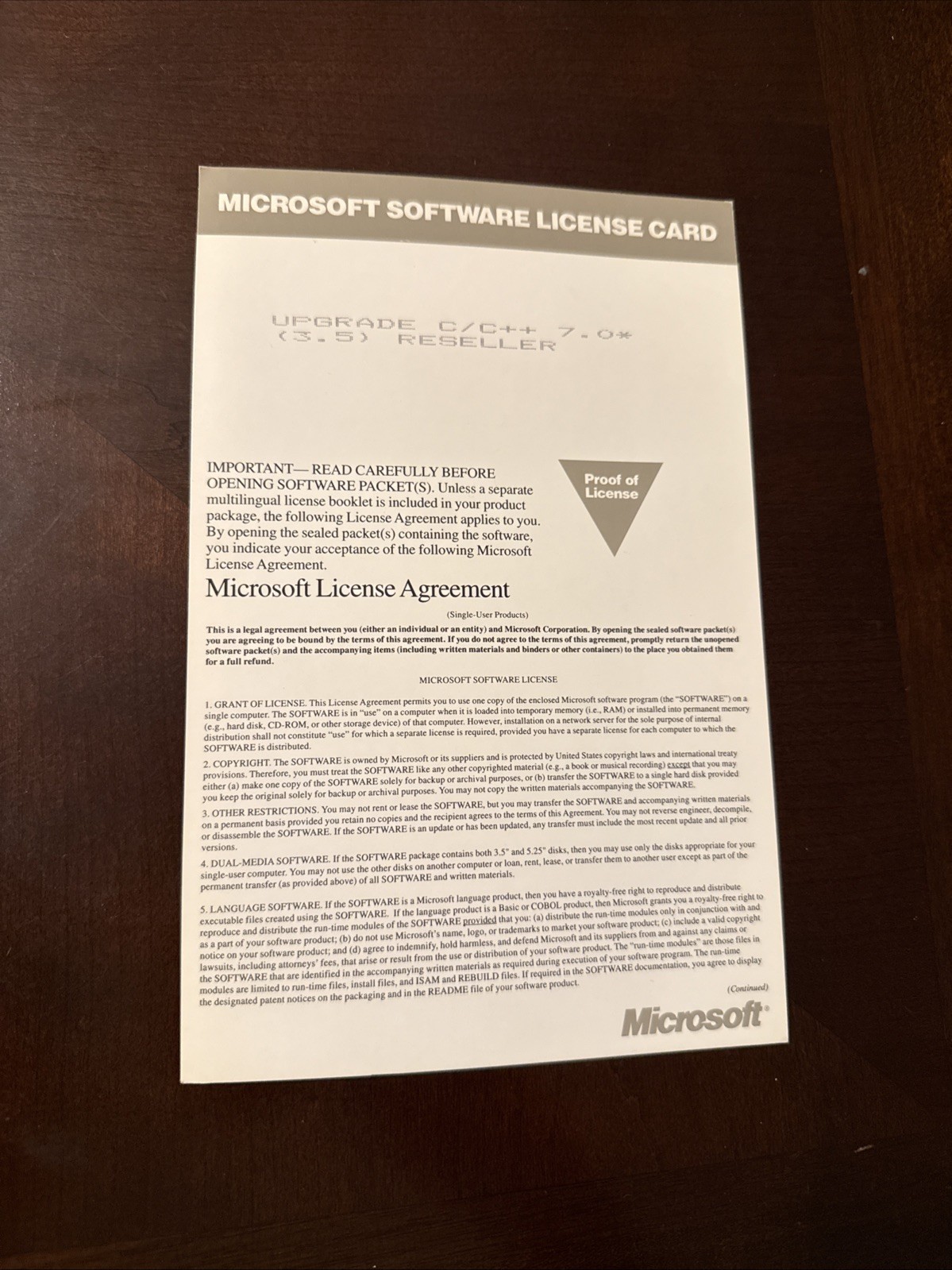 Microsoft Visual C++ 1.0 Proof of License Card + License Agreement Inserts
