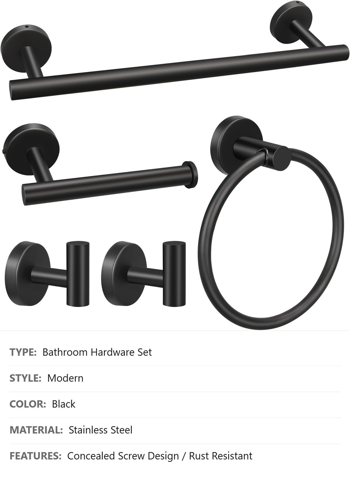 Bathroom Hardware Set, 5 Pc, 16" Black, Towel Bar Ring Holder, Robe Hooks