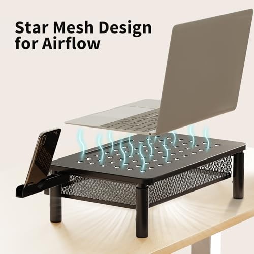 Monitor Stand Riser with Metal Mesh Drawer, Height Adjustable with Phone