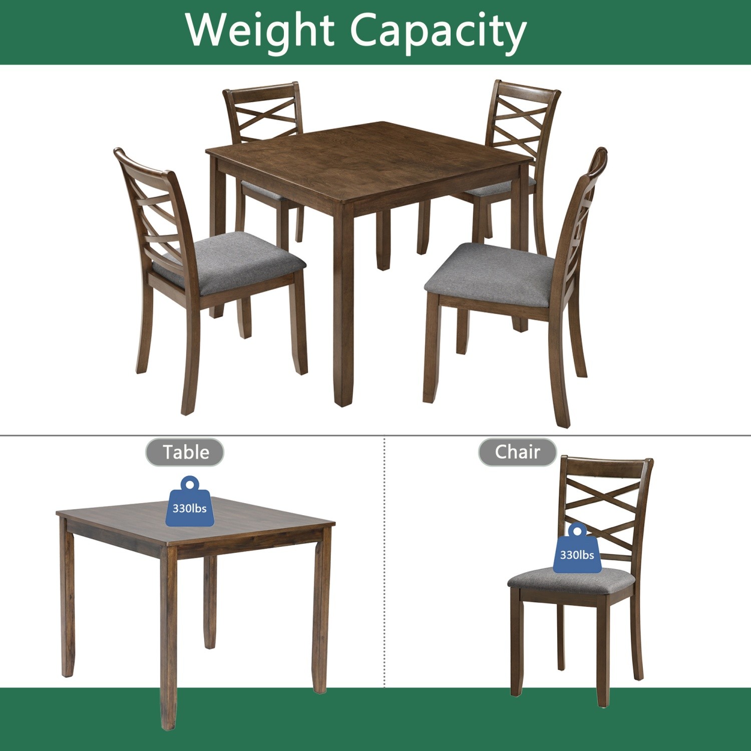 Modern 5 Piece Dining Table Set Wooden Square Dining Table & 4 Chairs Walnut