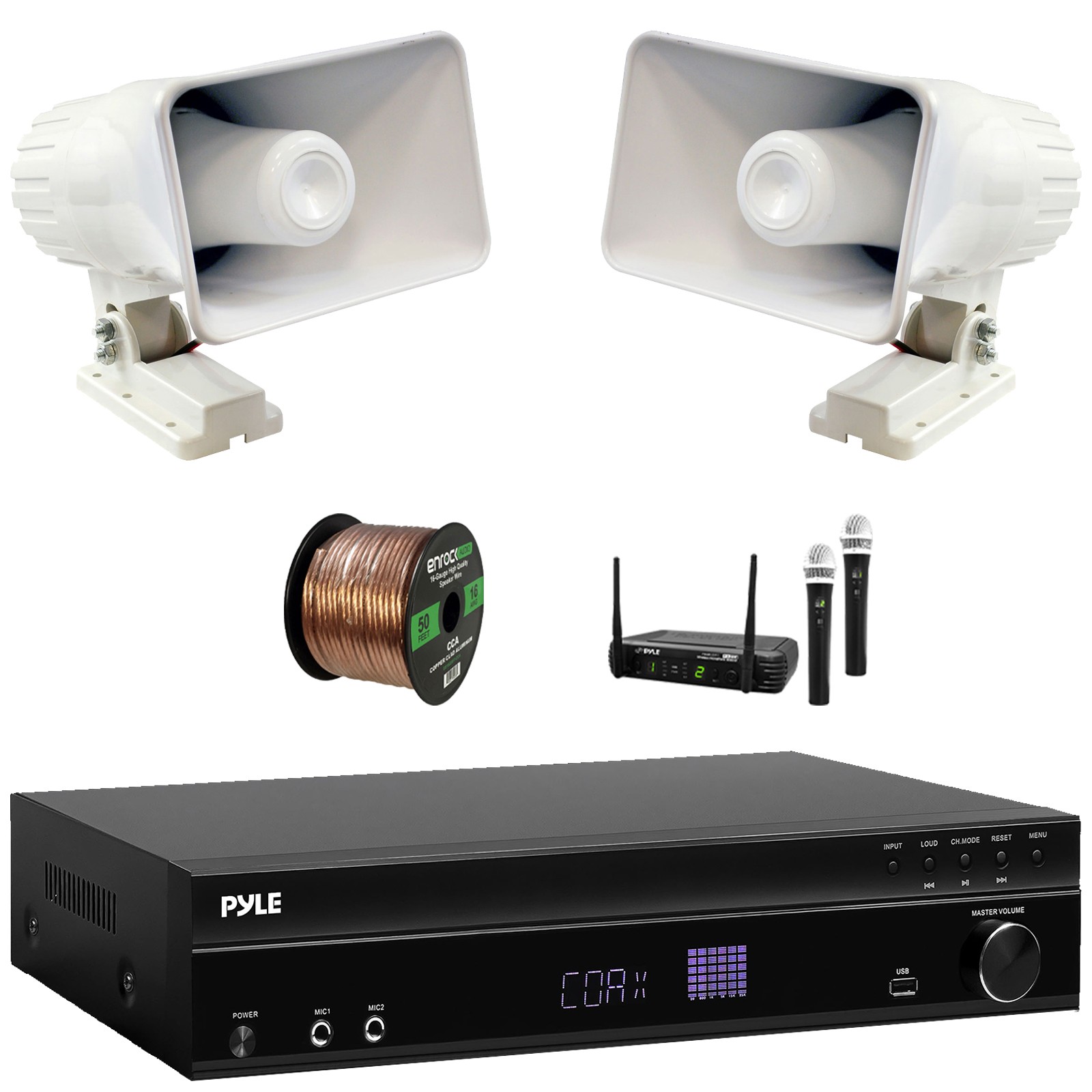 Pyle Home Power Amp Receiver, 2x 8'' 65W Indoor/Outdoor PA Horn Speakers + Mic