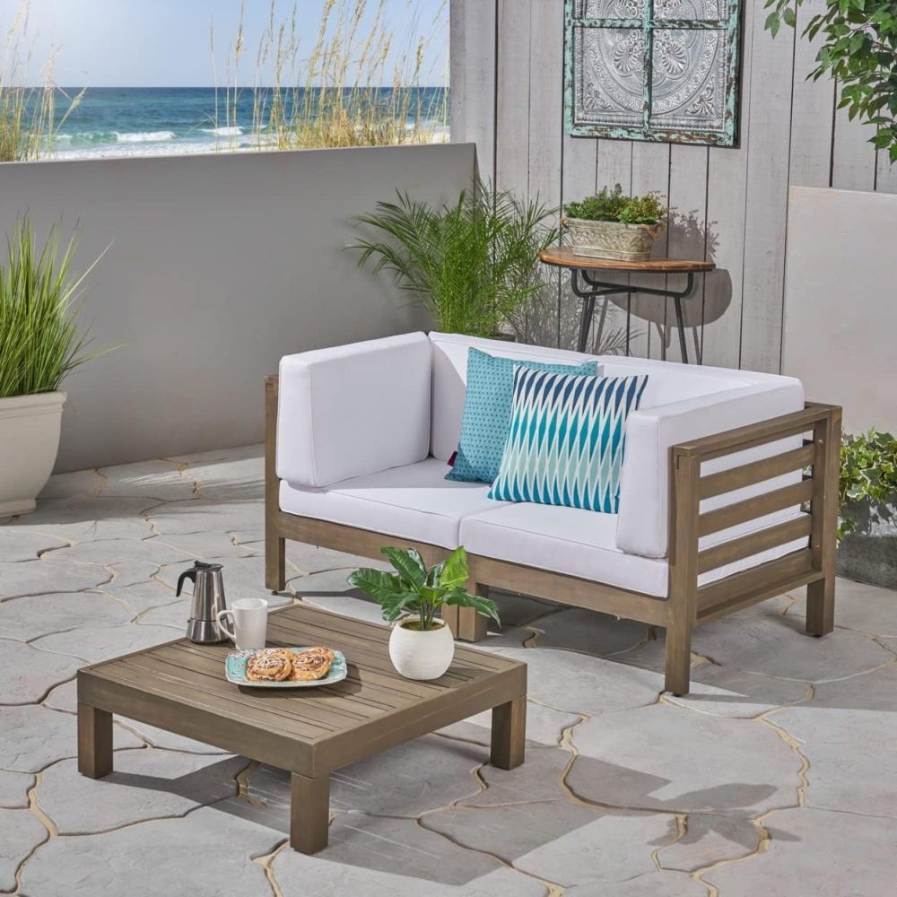 3-Piece Loveseat Set w/ Coffee Table for Porch, Acacia Wood Frame, White