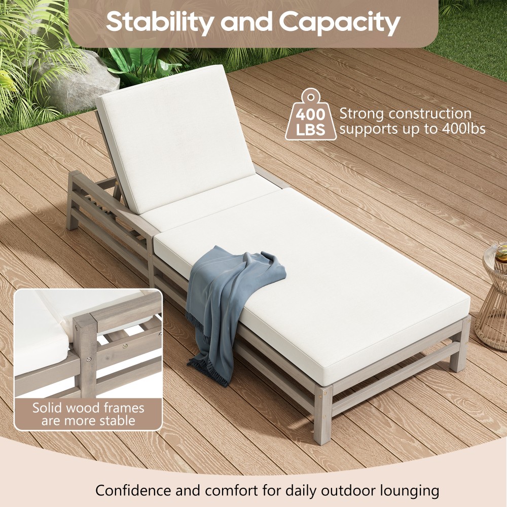 2-Pack Wood Chaise Lounge w/ 5-Position Adjustable Back & Thick Cushions–Outdoor