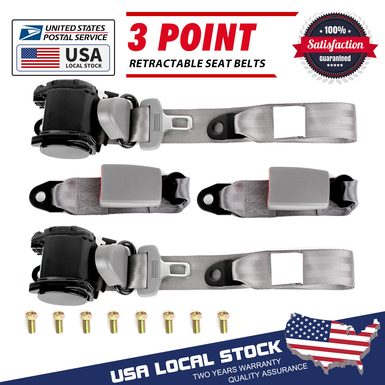 2Set Retractable 3 Point Safety Seat Belt Straps Car Vehicle Adjustable Belt Kit