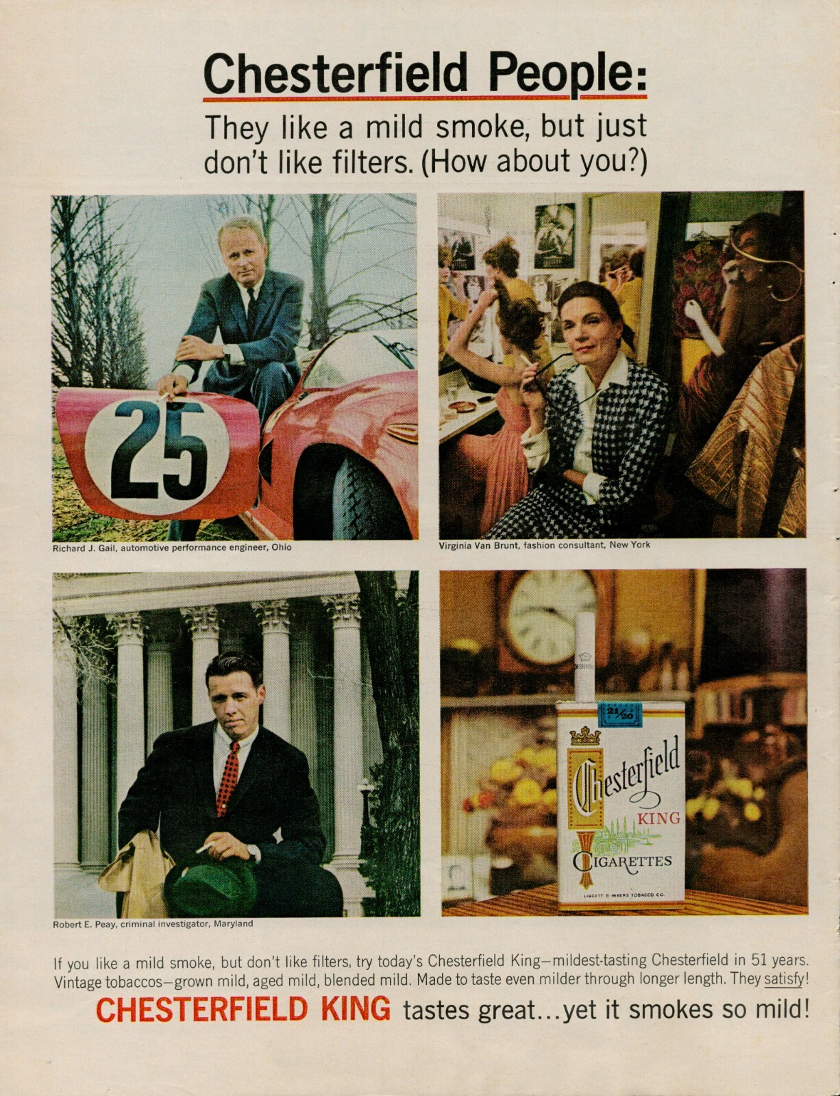 1964 Tobacco Cigarettes Chesterfield People Vintage Print Ad Race Car Drive Bank