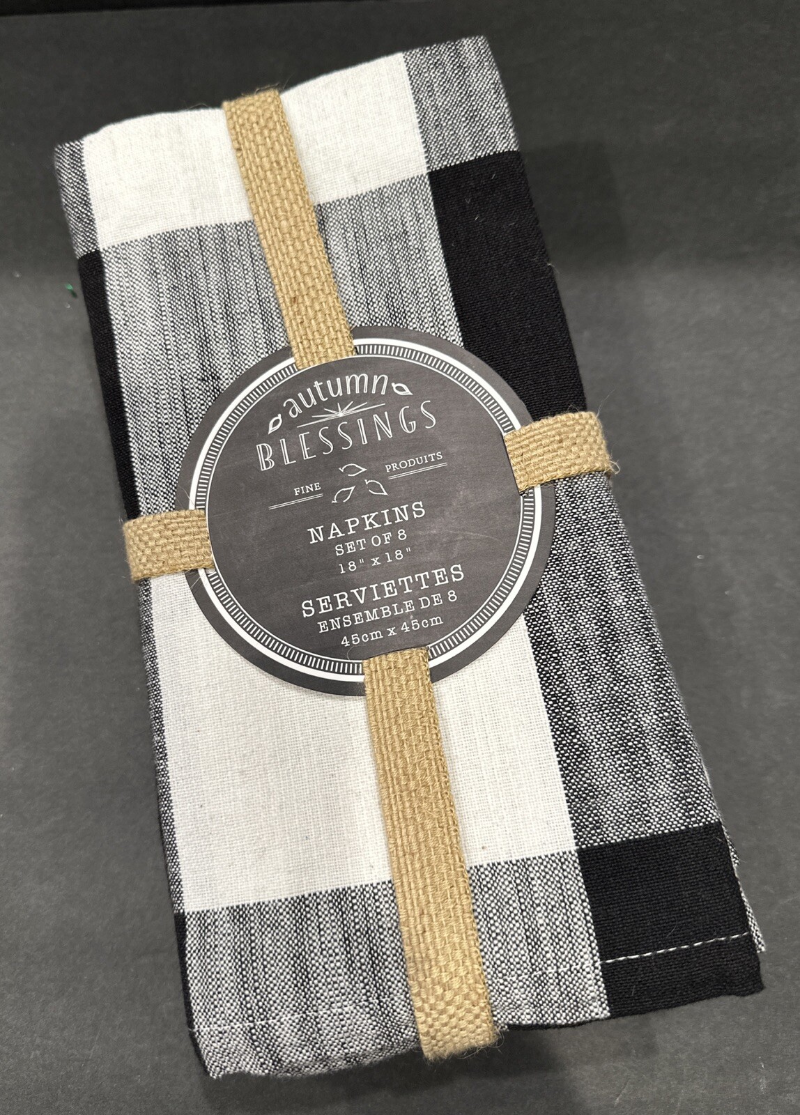 Set of 8 Autumn Blessings Black and White Buffalo Check Dinner Napkins 18x18”