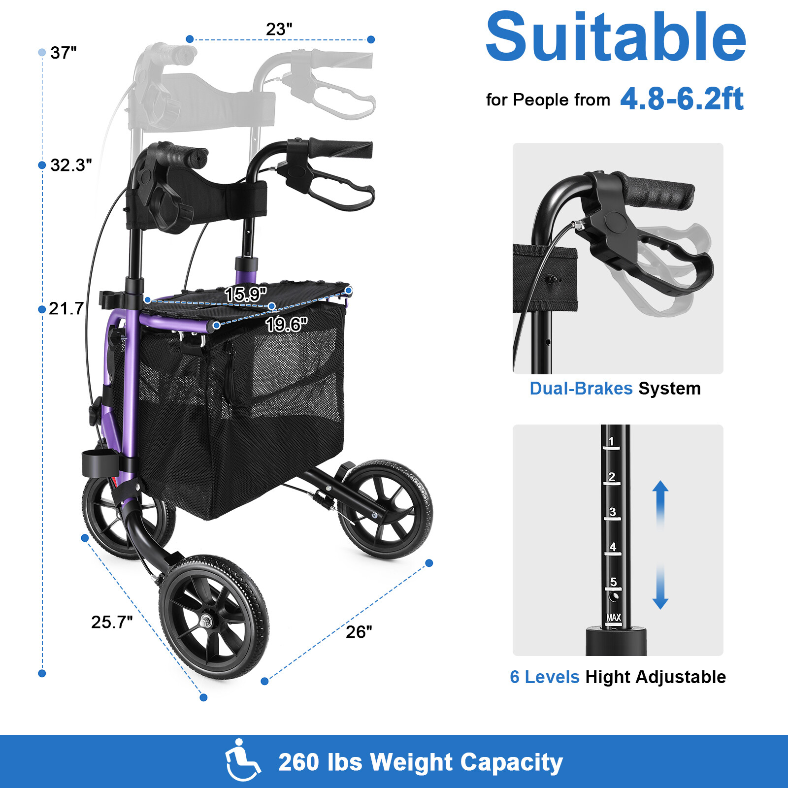 Rollator Walker Aluminum 3 Wheel with Seat Foldable Lightweight 10.7lbs Aluminum