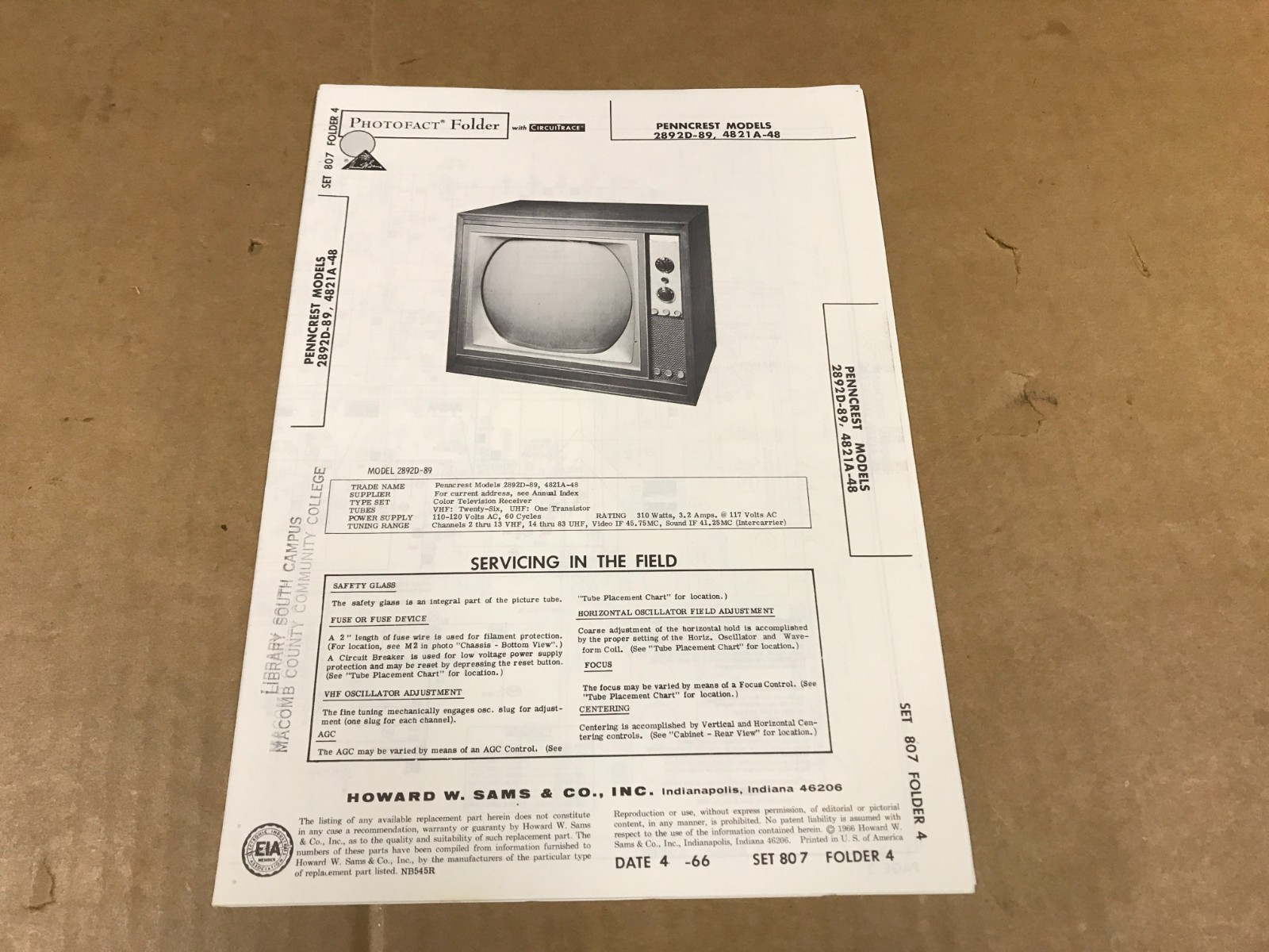 Vintage Photofact Folder- 807-4- Penncrest TV Models 2892D-89, 4821A-48