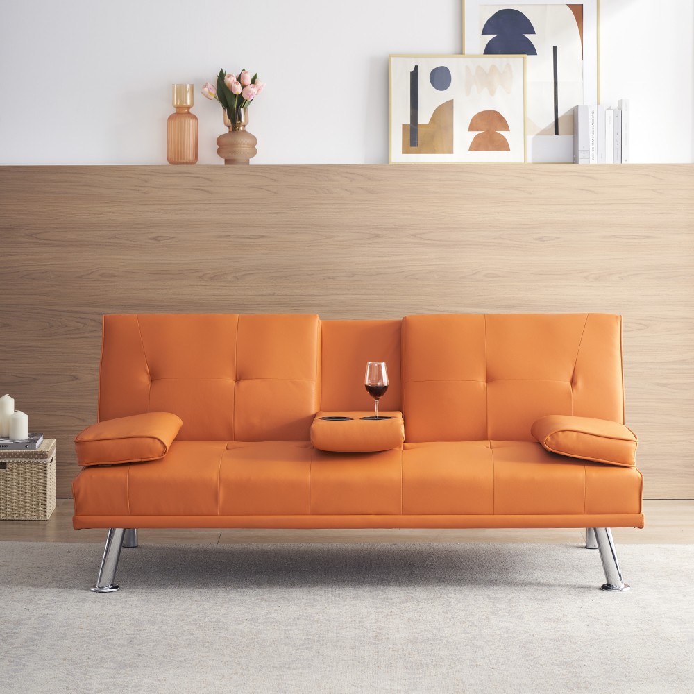 67" Orange Leather Office Sofa Bed Double Fold with Coffee Table Multifunctional