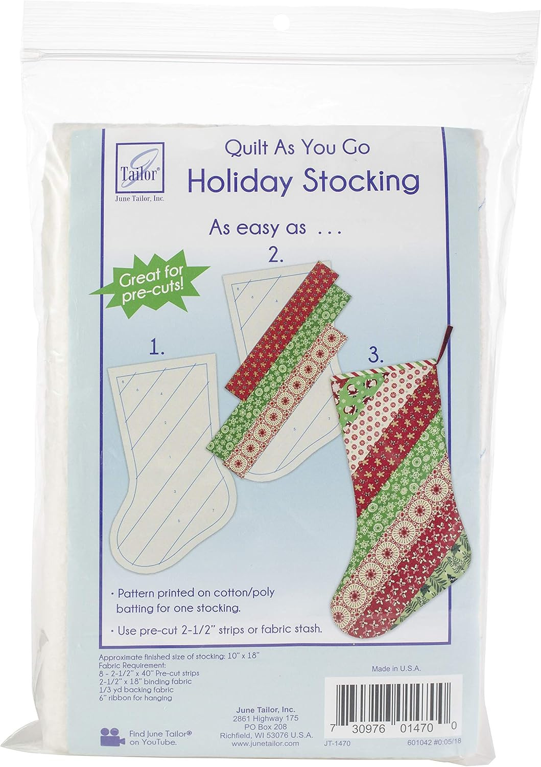 Quilt as You Go Holiday Striped Stocking -- 1/Pack, off White