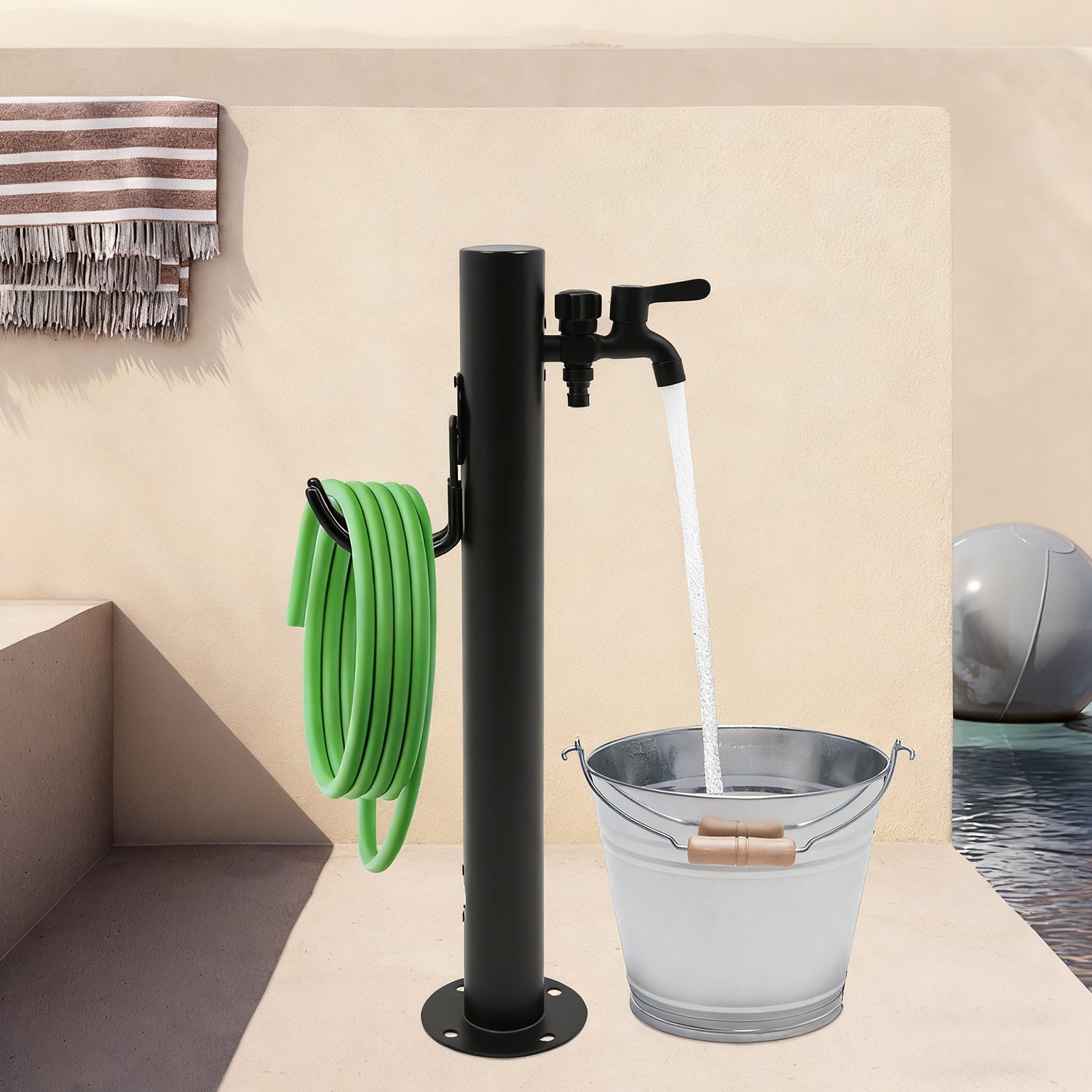 2-Outlets Outdoor Water Column Faucet Mount Column Faucet Garden Faucet Black