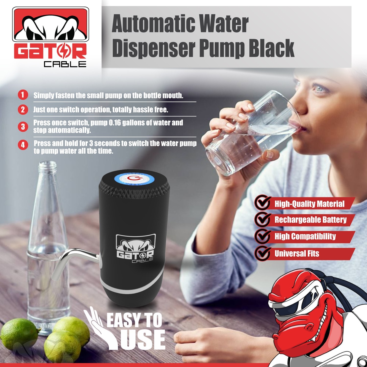 Water Bottle Pump Dispenser Automatic Switch Electric 5 Gallon USB Rechargeable
