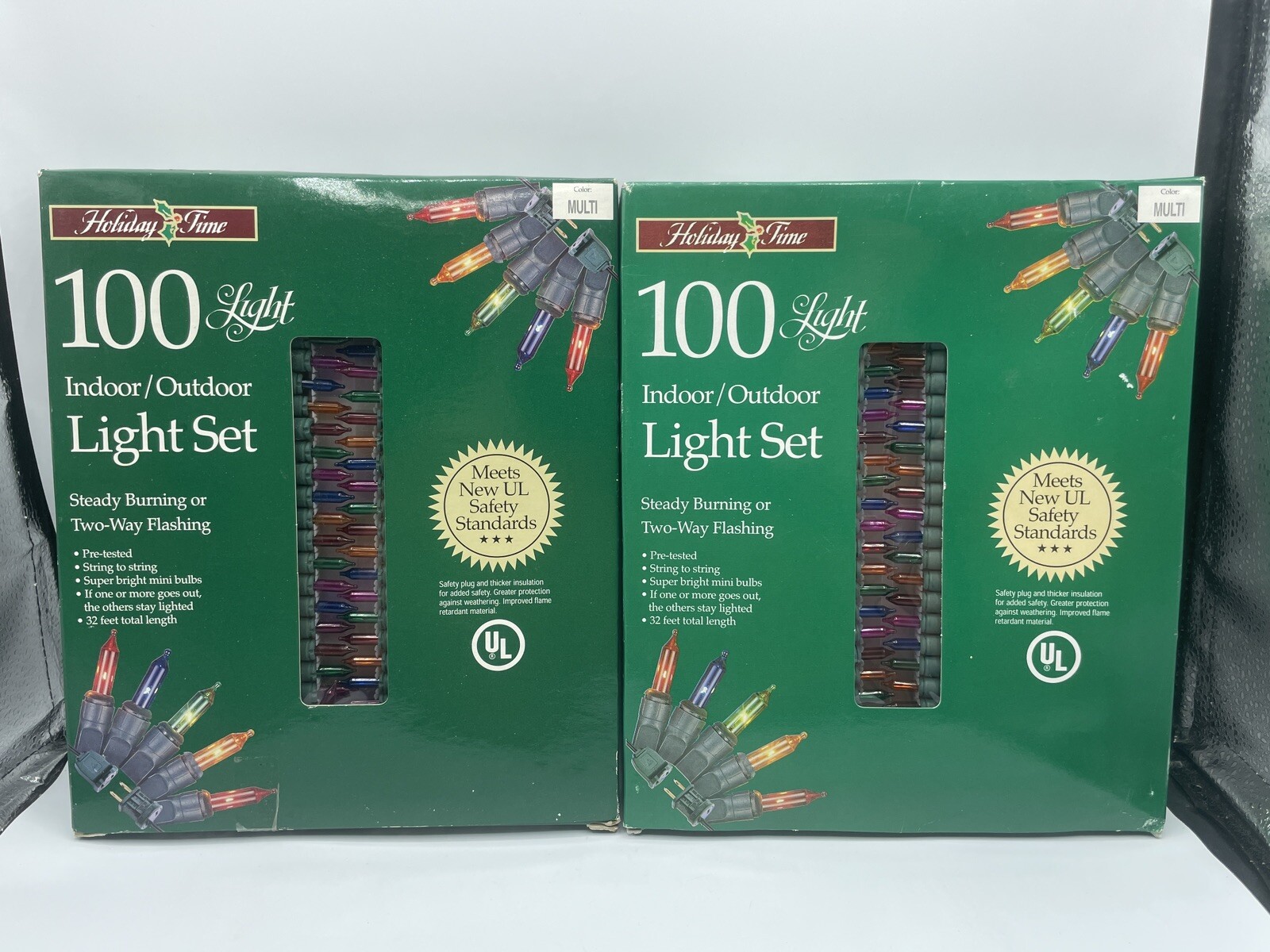 Lot of 2 Holiday Time 100 Multi Lights Indoor/Outdoor Green Wire Christmas 32ft