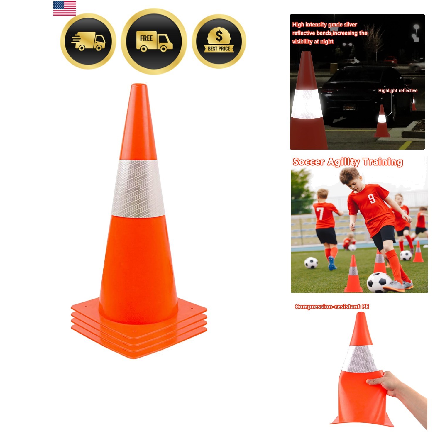 15 inch Traffic Safety Cones with Reflective Collars,[4 Pack]Orange Construct...