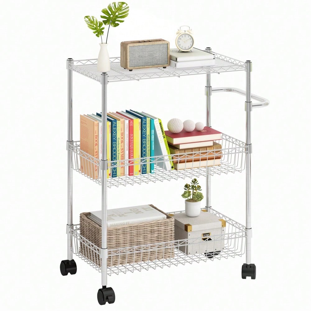 3-Tier Rolling Kitchen Storage Cart With Wheels And Handle, Heavy Duty Selving