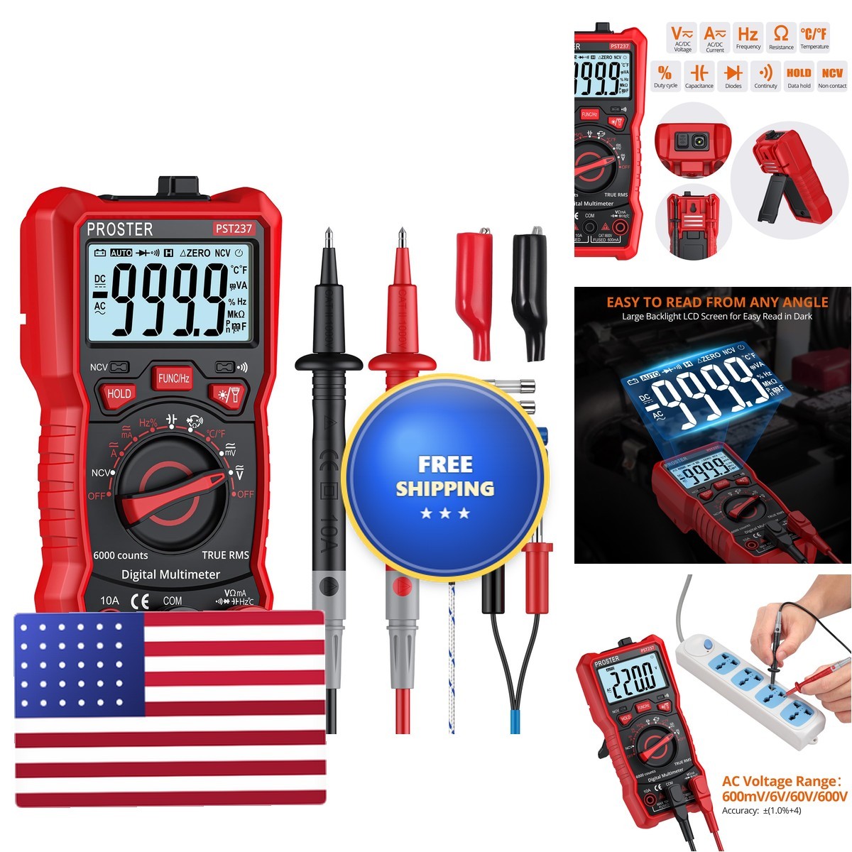 Proster 6000 Counts TRMS Multimeter - NCV Auto-Range For AC/DC T21D