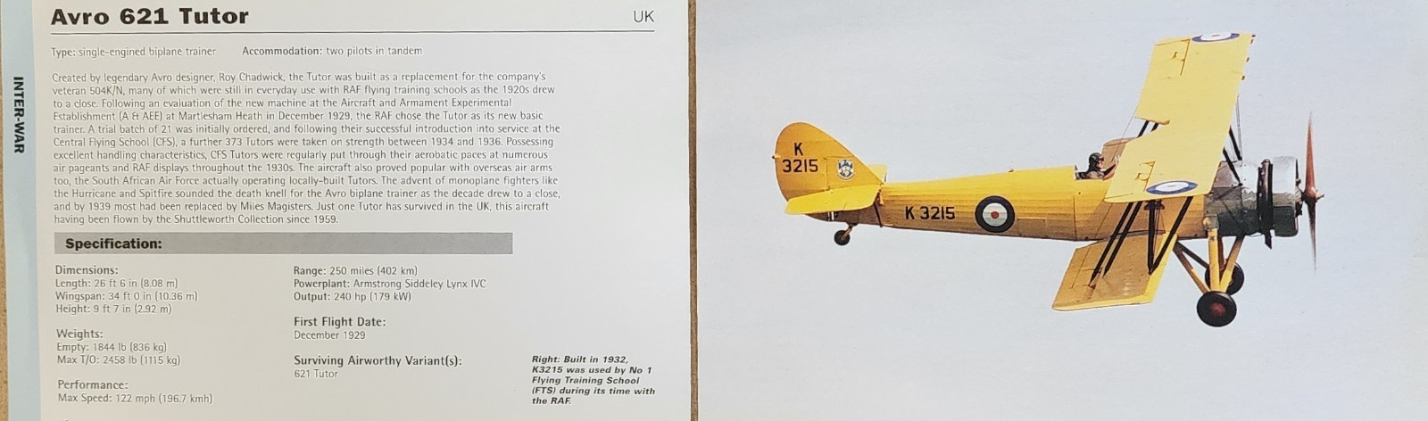 Avro Tutor Plane Picture Aircraft Detail Vtg Original Article Sheet