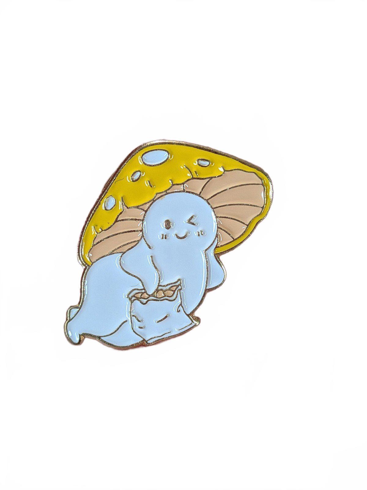Enamel Pin of Yellow Capped Mushroom Dude Lounging and Eating Snacks