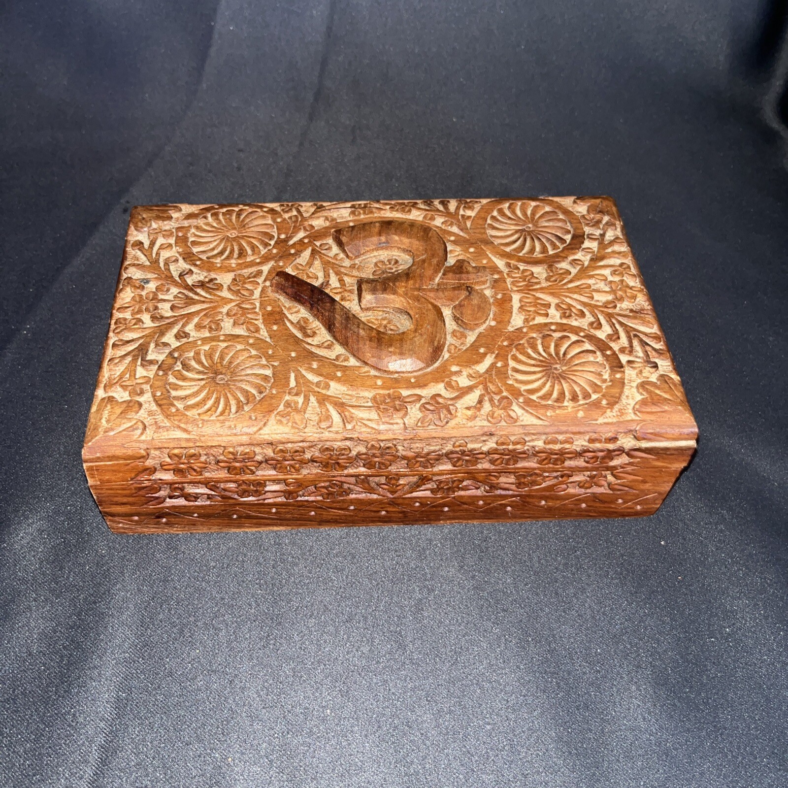 Carved Om Wooden Storage Box, Velvet Lined. 8” X 5” X 2”
