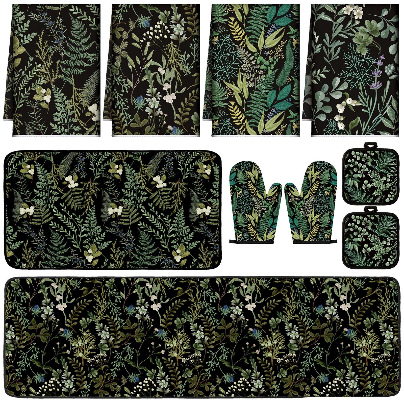 10 Pcs Sage Black Kitchen Decor Set Black Kitchen Towels and Rugs Oven Mitts ...