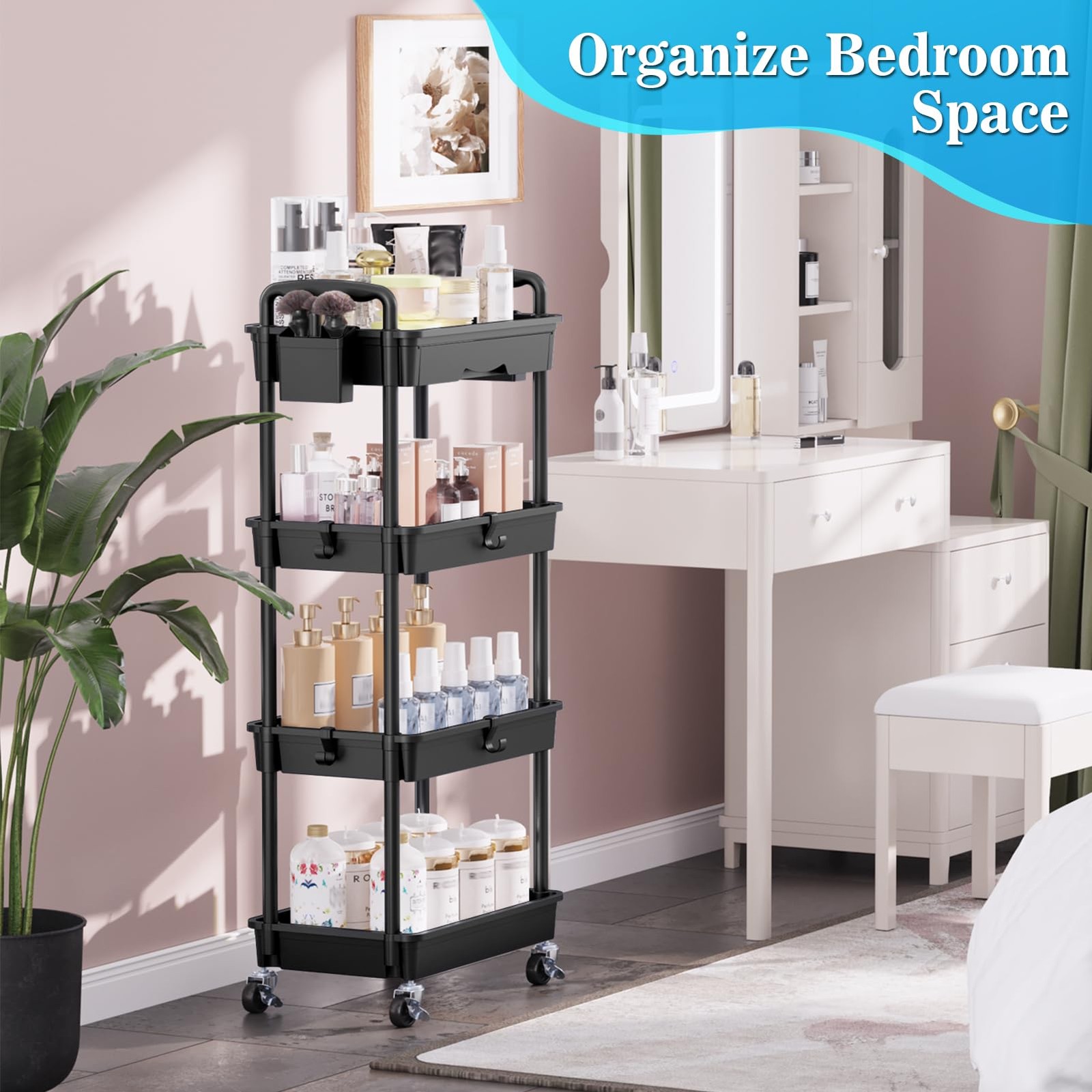 4 Tier Rolling Utility Cart with Drawer, Storage Organizer Cart with 2 Lockab...