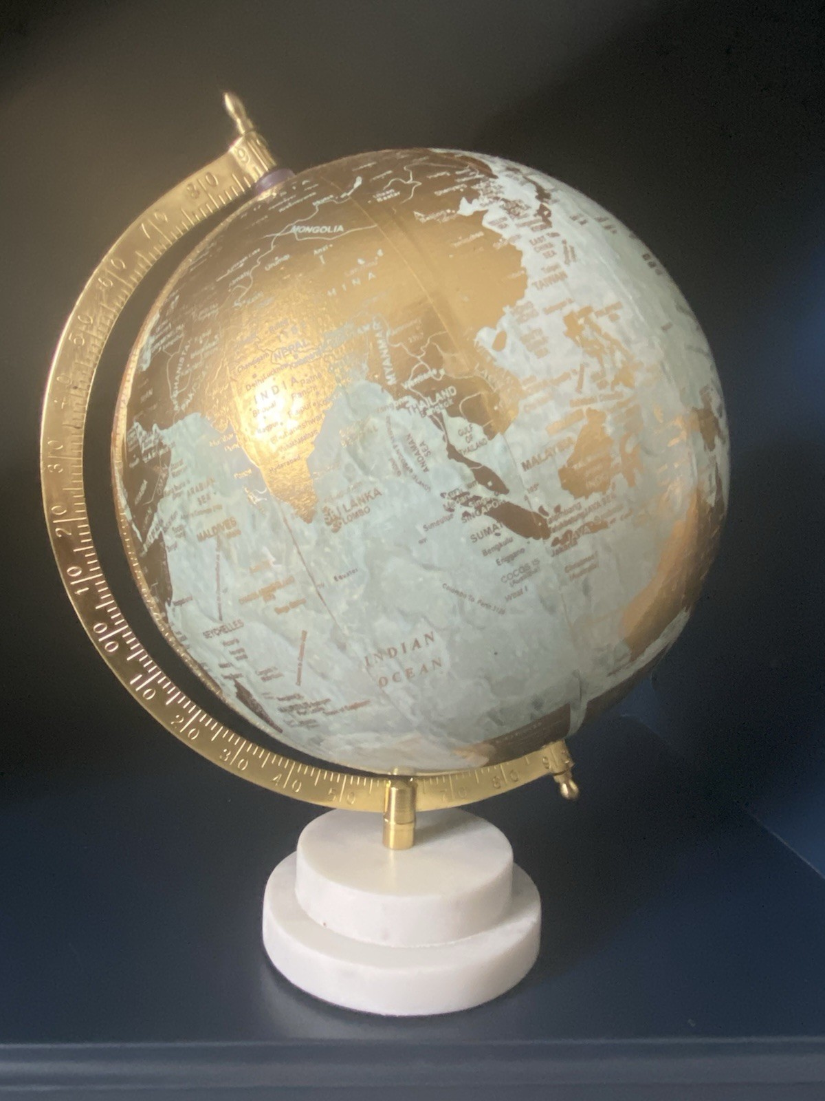 Gold ,Light Blue and White Decorative Globe with Marble Base, Rotating, 8"