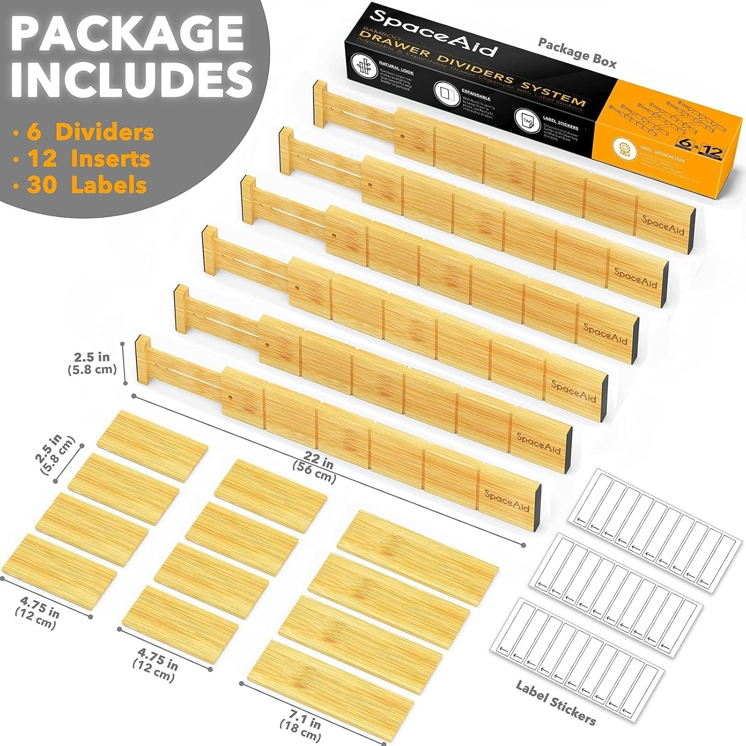 Bamboo Drawer Dividers with Inserts and Labels, Kitchen Adjustable Drawer Organi