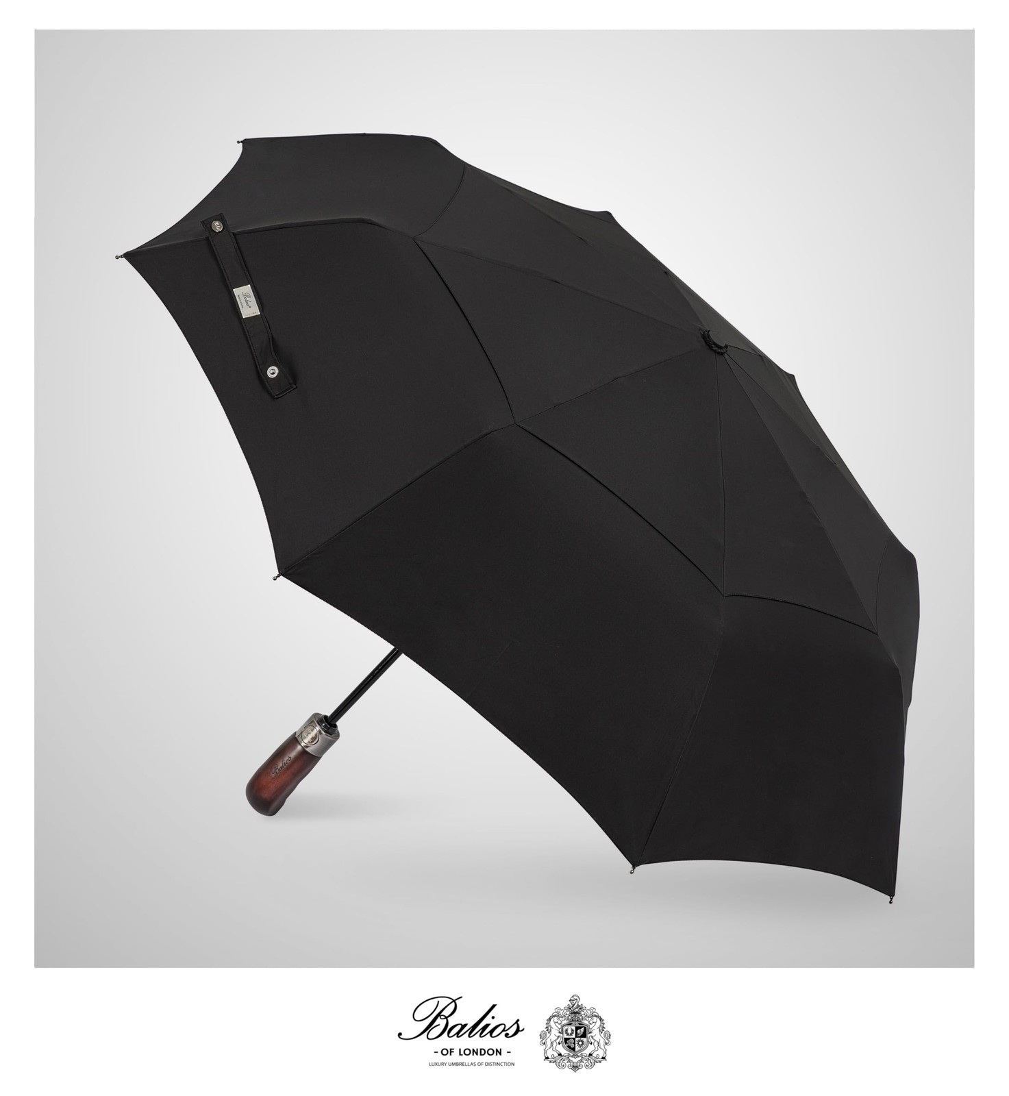 Travel Umbrella with Wood Handle | Auto Open, Close, Vented, Windproof Black