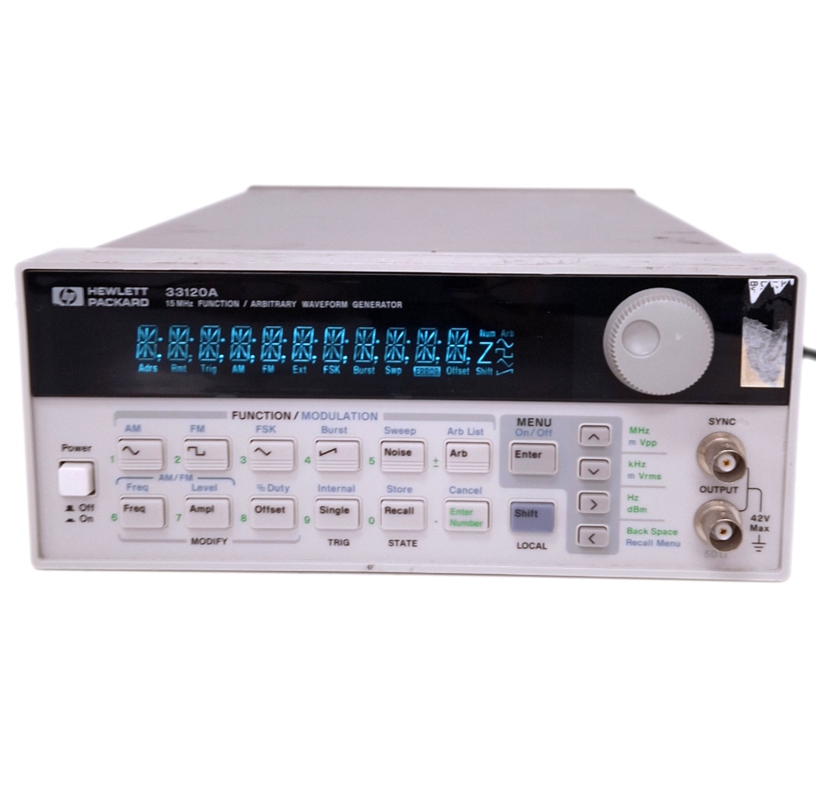 HP 33120A Function/Arbitrary Waveform Generator, 15MHz 12-bit 40MSa/s 120VAC