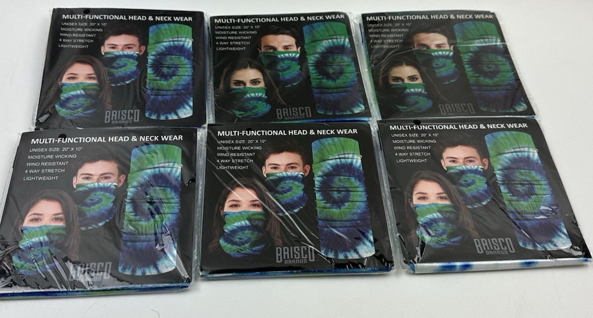 Lot of  6 Brisco Brands Green Tie Dye Spiral Neck Gaiter Face Mask  20x10