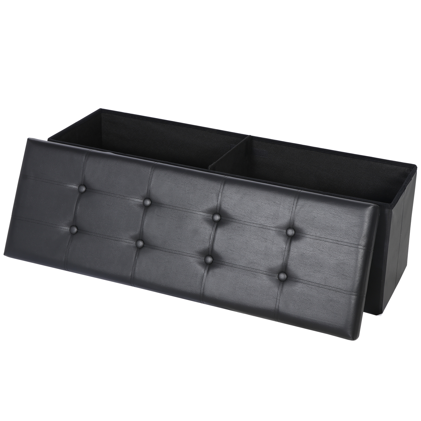 43'' Storage Ottoman Bench PVC Leather Foldable Footrest Stool w/ Divider Black