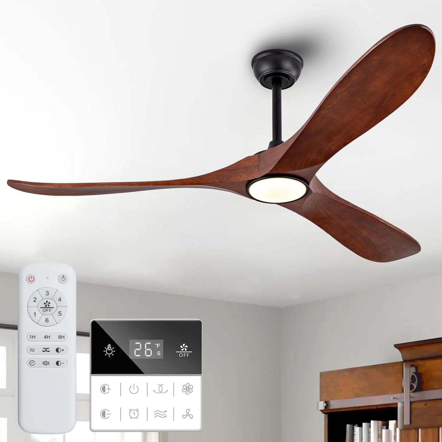 60" Solid Wood Low Profile Ceiling Fan with Lights Remote Control 6 Speeds Quiet