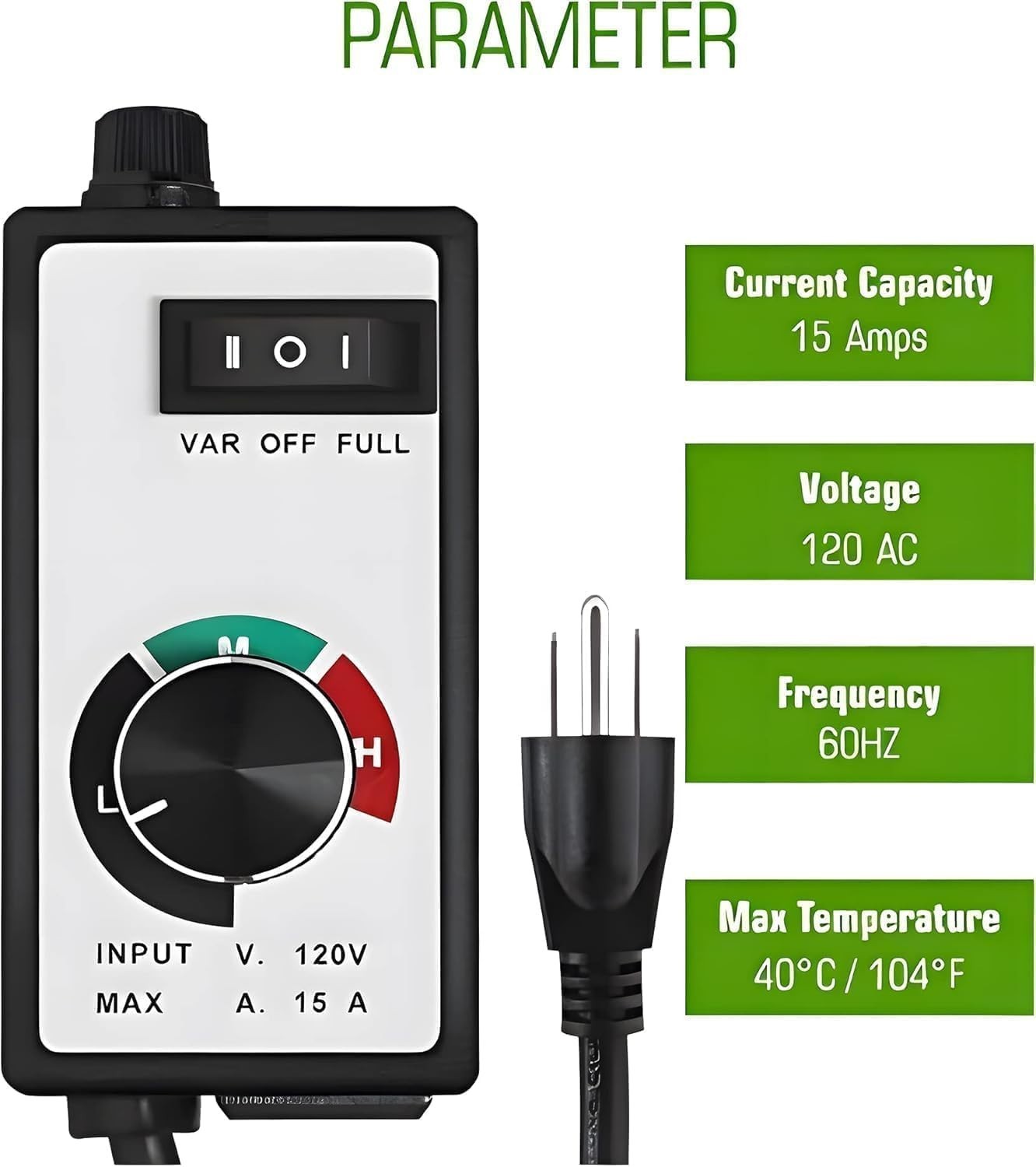 Adjustable 15A Fan Speed Controller with 6' Power Cord - Safe & Efficient