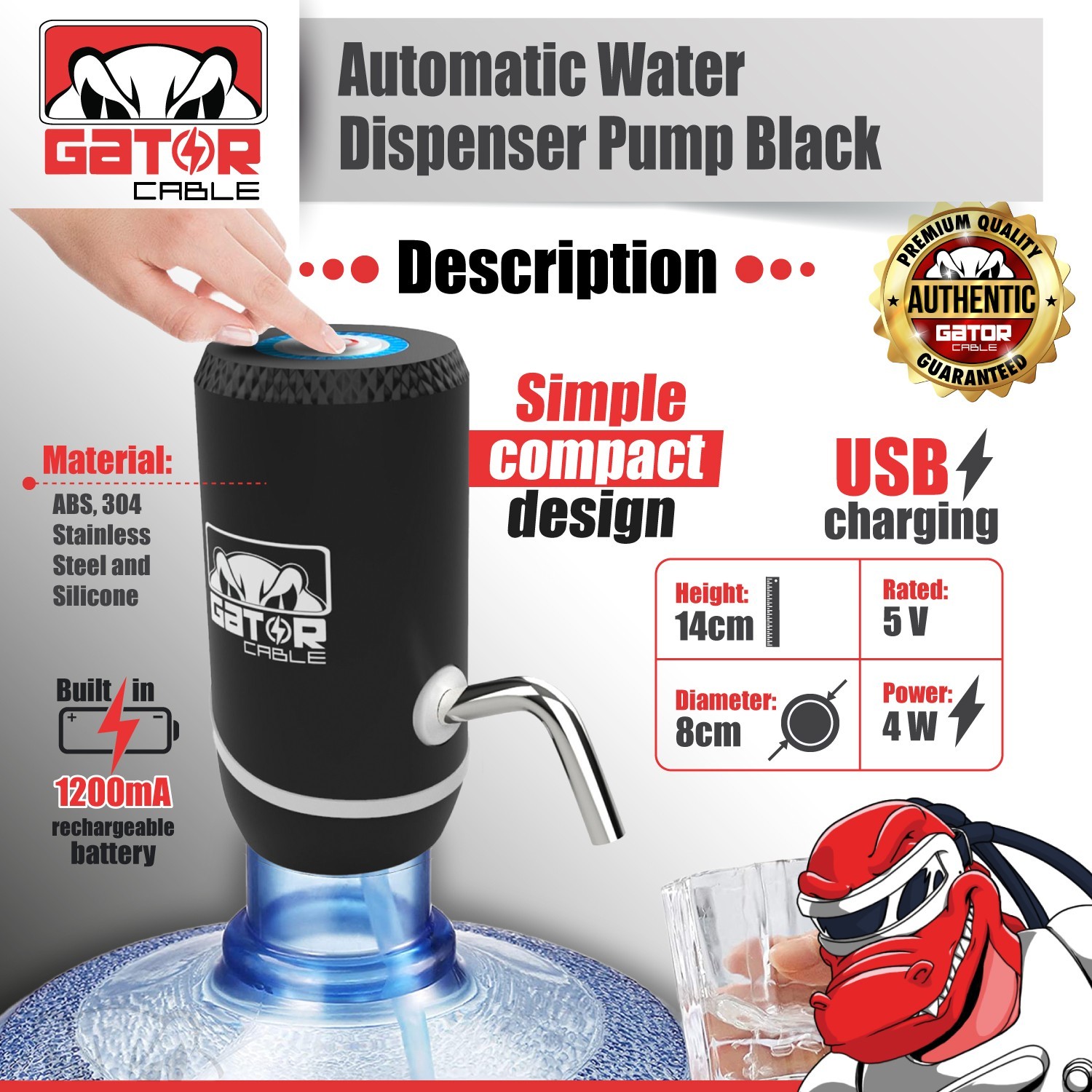Water Bottle Pump Dispenser Automatic Switch Electric 5 Gallon USB Rechargeable