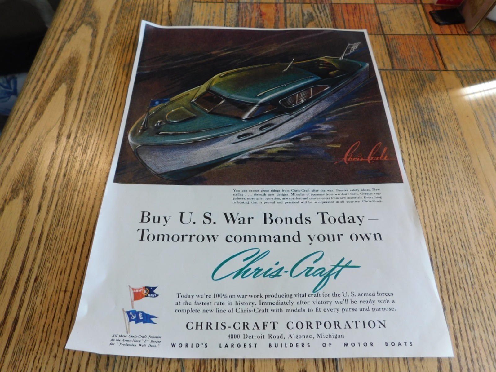 Military Ephemera- WWII Ad Buy US War Bonds Today- Tomorrow command CHRIS-CRAFT