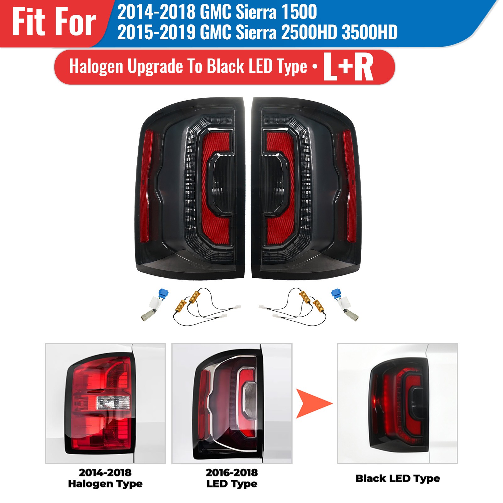 Halogen Upgrade LED Tail Lights For 2014-2018 GMC Sierra 1500 2500/3500HD LH+ RH