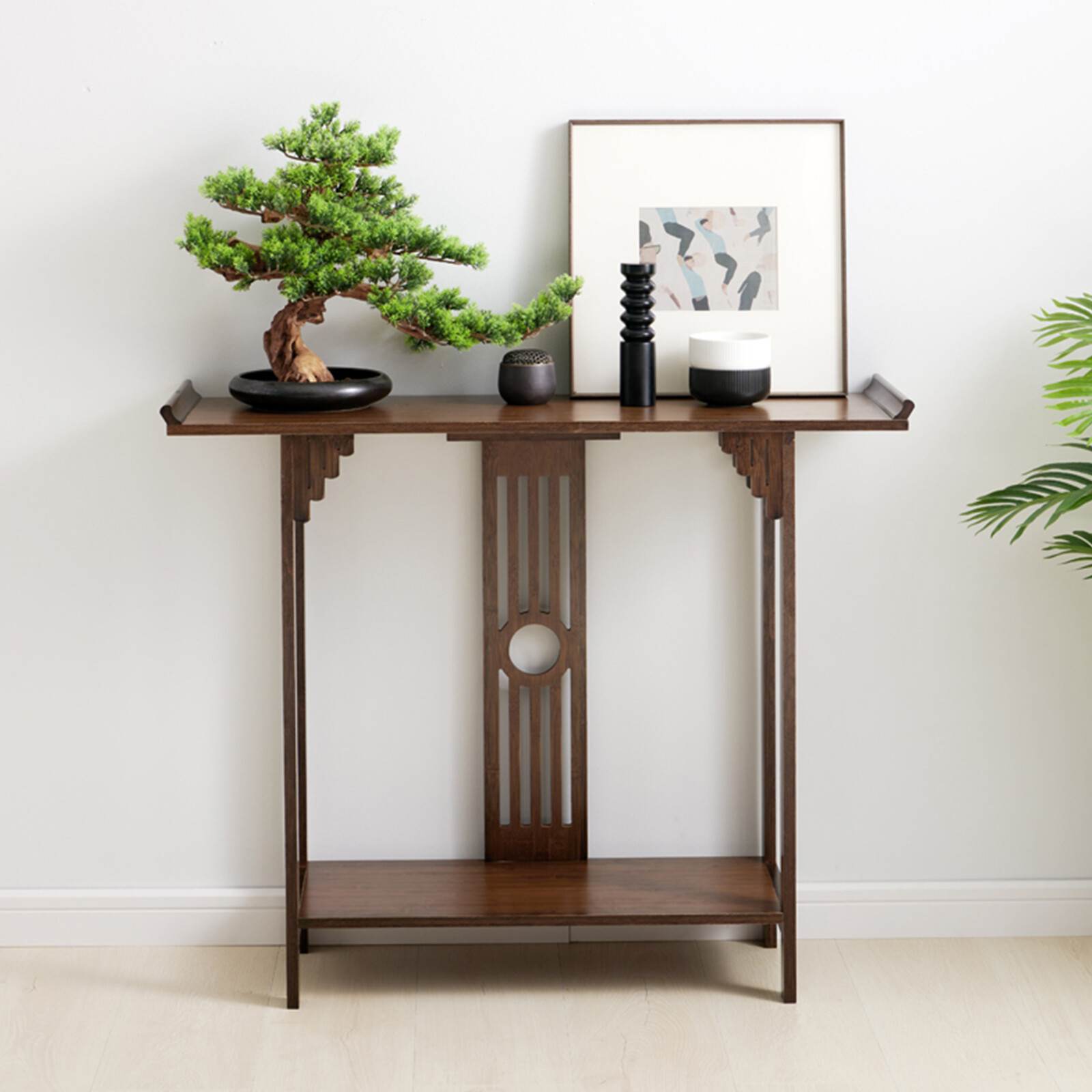 2-Layer Vintage Console Table Sofa Side Table Entryway Table Bamboo Shelf