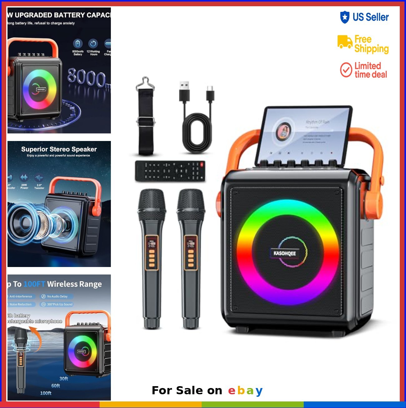 Karaoke Machine 8000mAh 20 Watt Portable Bluetooth Speaker 2 Wireless