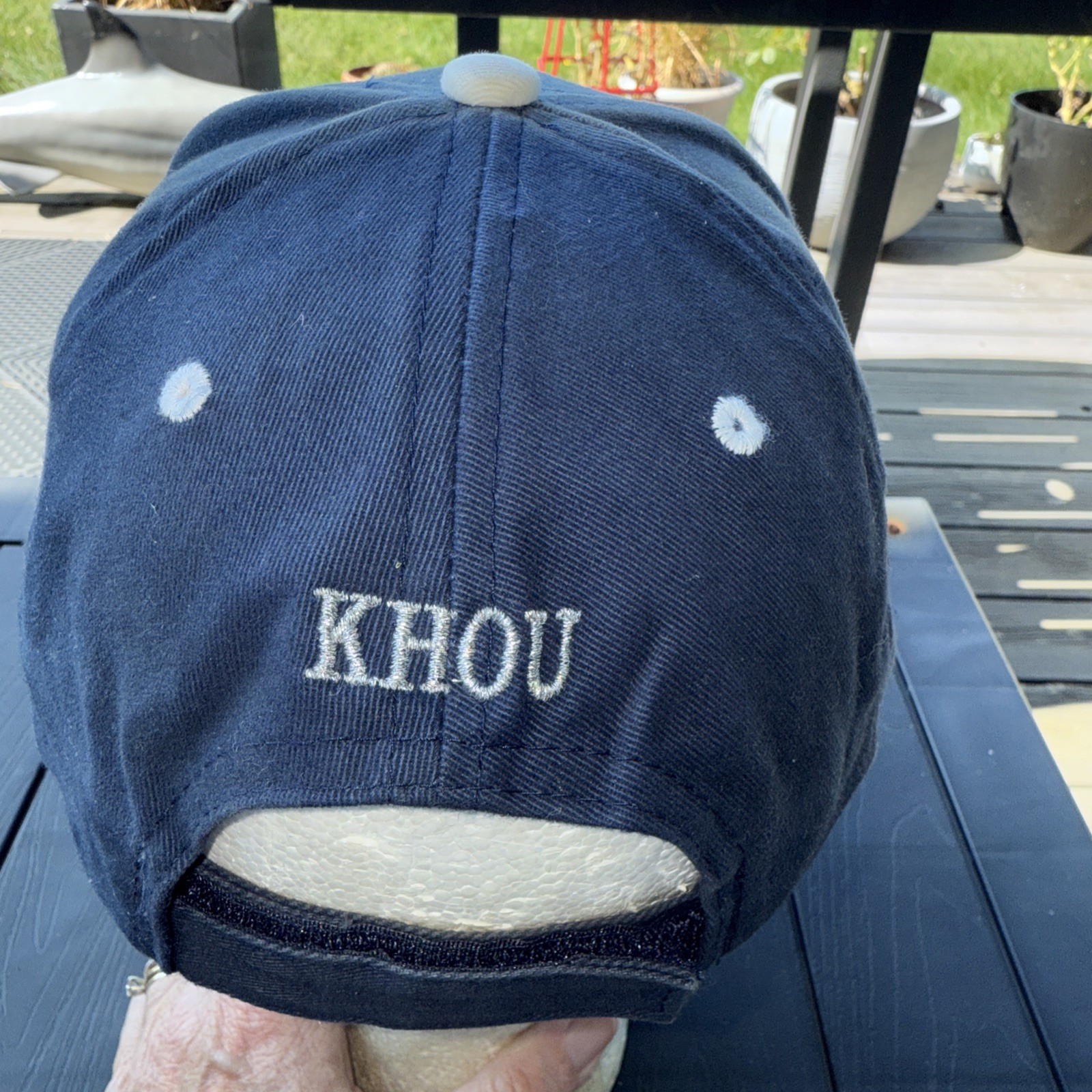 Enterprise Jet Center w Jet in Silver on Blue Hat Cap KHOU on Back Hook Loop
