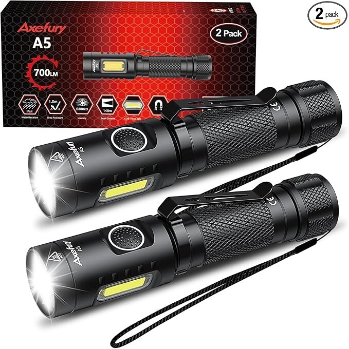 Qty(2), Axefury A5 700 Lumens Tactical Waterproof Led 6 Modes Flashlight