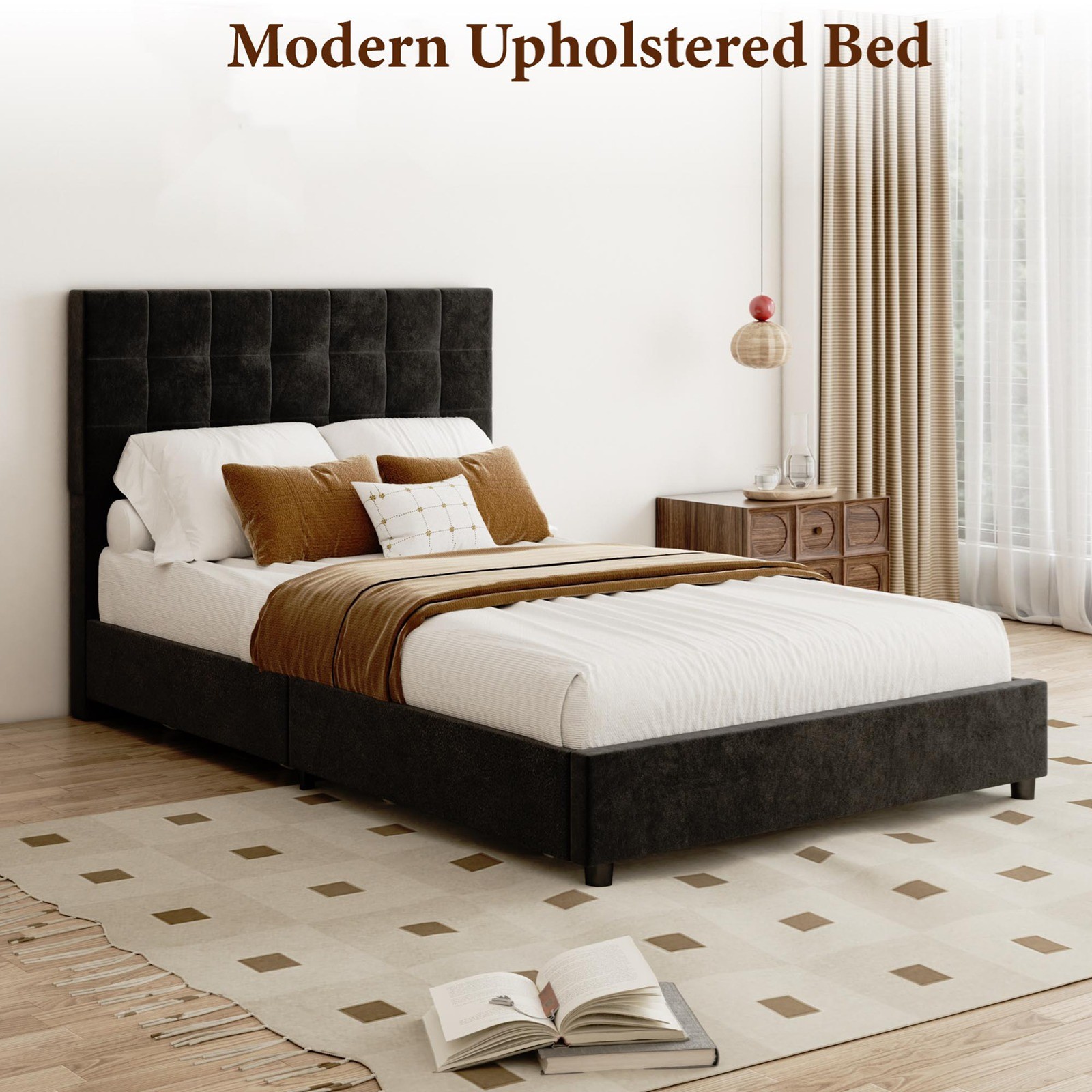 Modern Black Bed Frame Full Platform Bed 4 Storage Drawers Bedroom Furniture