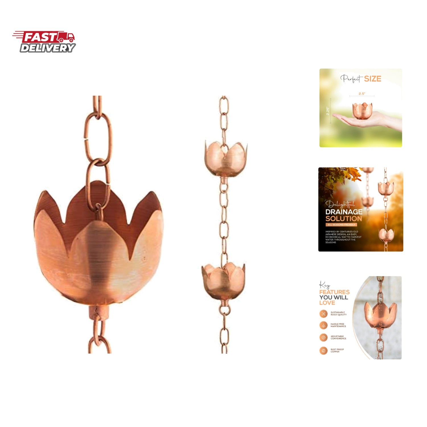 Copper Rain Chain – Decorative Chimes & Cups Replace Gutter Downspout & Diver...