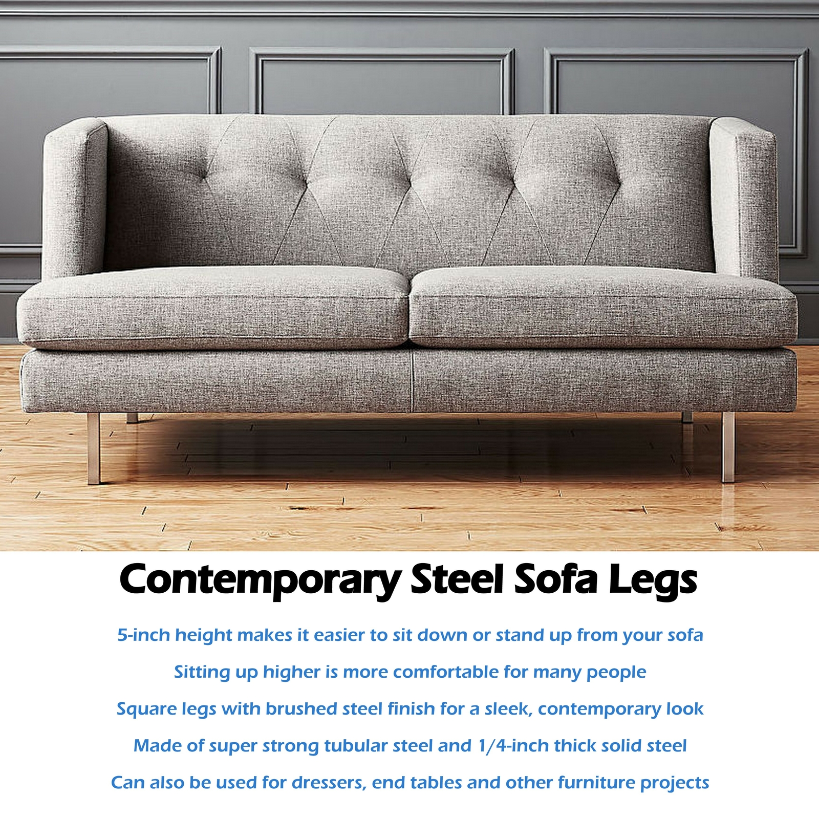 (4-Pack) 5” Sofa Couch Feet Square Corner Furniture Leg Heavy Duty Brushed Steel