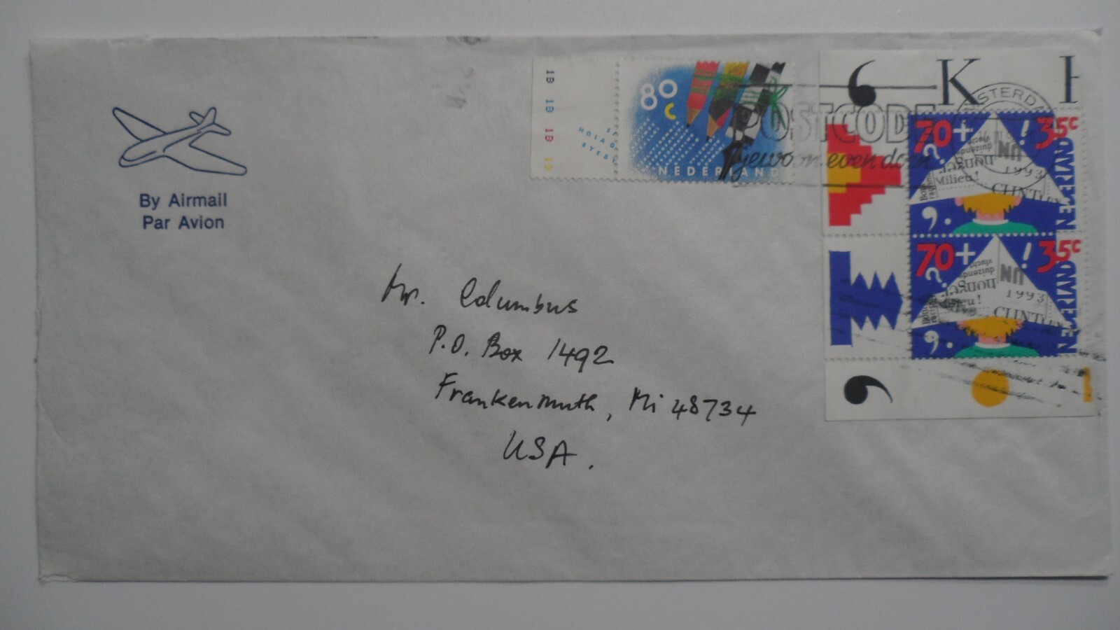 STAMPMART : NETHERLANDS 1994 #B674 PAIR AIRMAIL STAMPS COVER USED TO MI USA