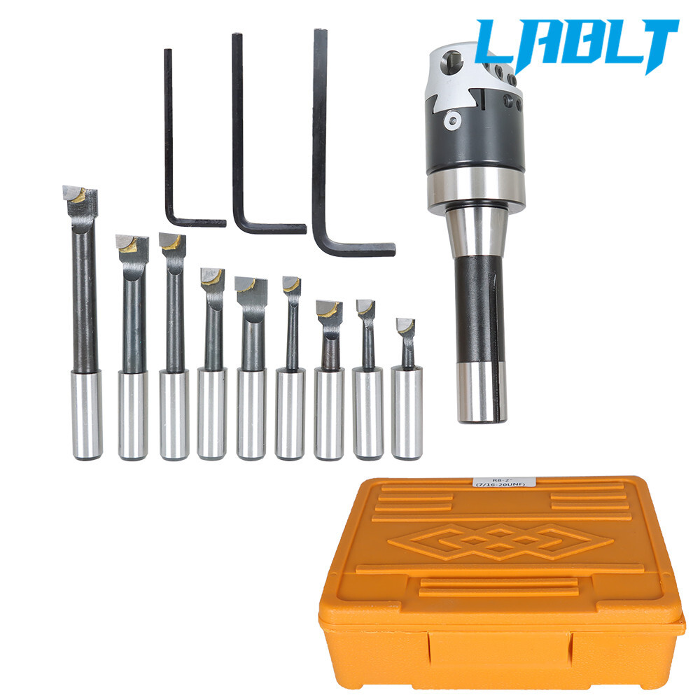 LABLT 9 Pcs 2" Boring Head R8 Shank 1/2" Carbide Boring Bar Set