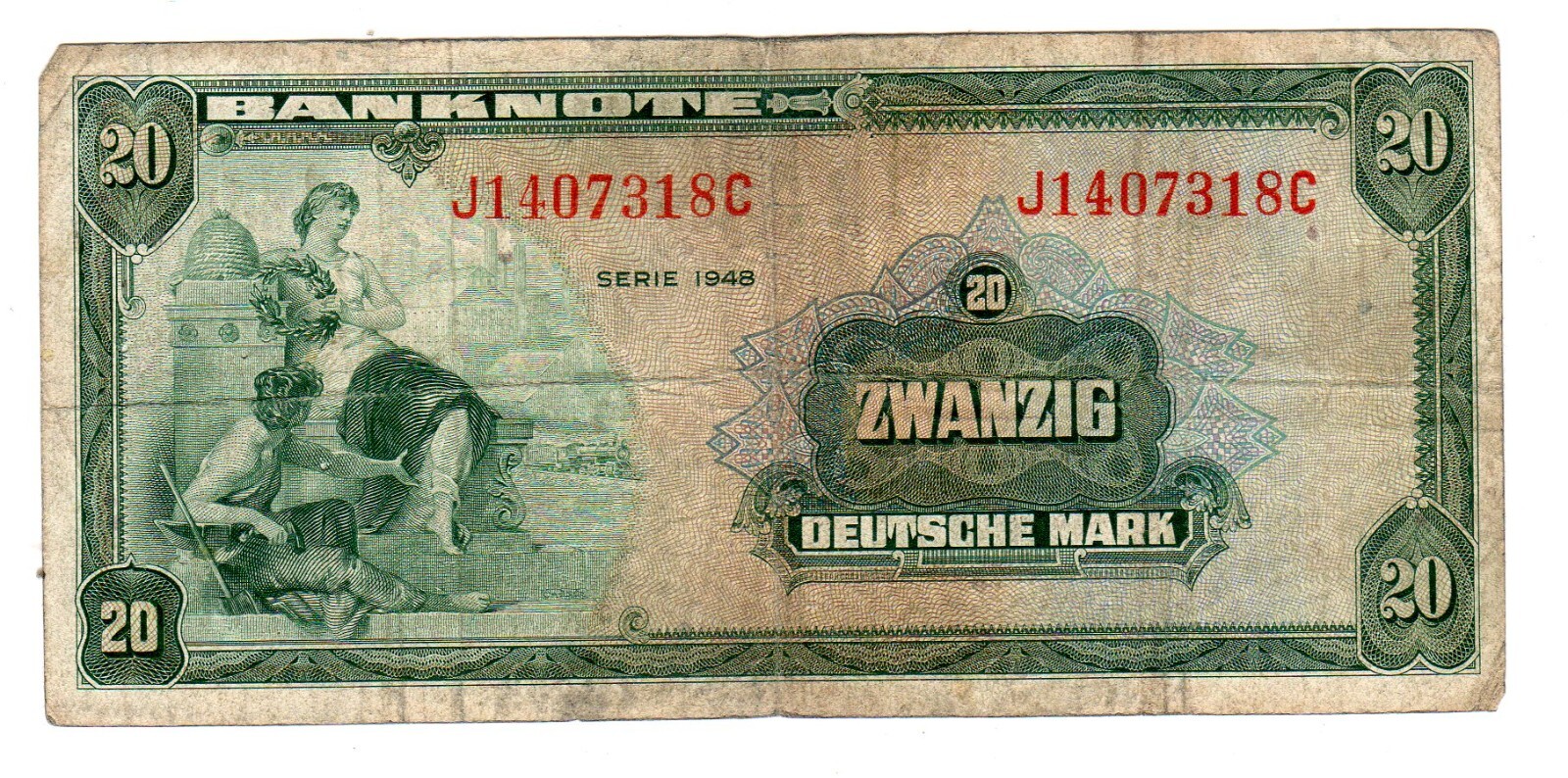 GERMANY Germany Billet 20 DEUTSCHE MARK 1948 P6a VF GOOD CONDITION