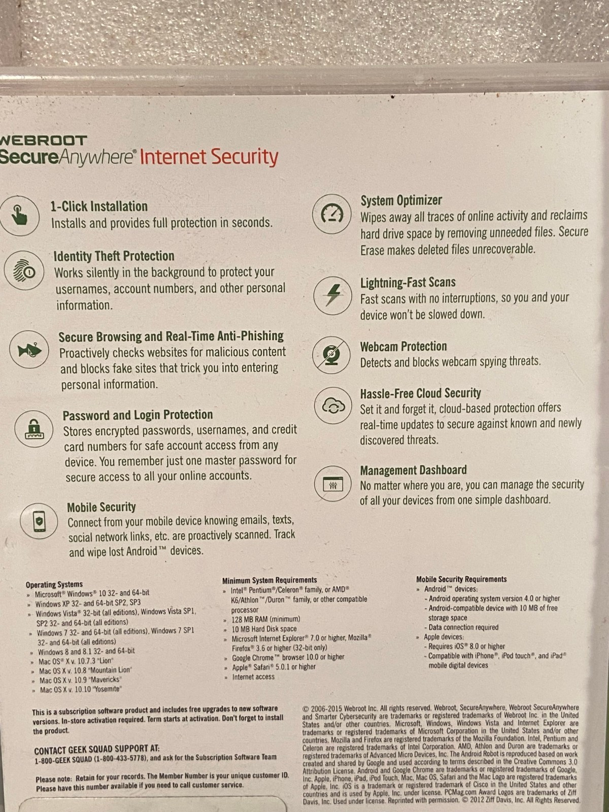 2015 Webroot Internet Security disc Windows, Mac, Android, Ios *Pre-Owned* t2